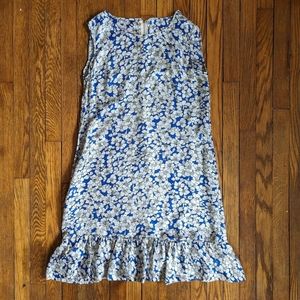 Vintage Blue & White Floral Shift Dress with Ruffle Hem